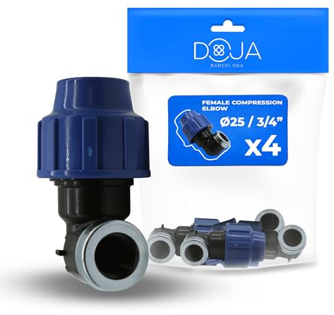 DOJA Barcelona Codo Compresion Hembra PP 90° - Pack 4-25x3/4 - Codo de Unión Tubería de Polietileno MDPE, Rosca Interna, Montaje Sencillo, Robusto, Agua Potable, Ideal para Sistemas de Riego