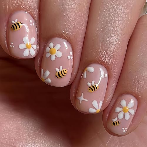 Tupenofif Applicazioni per unghie corte con design a margherita e unghie artificiali, base rosa nude con motivi floreali, superficie lucida per primavera e estate, unghie finte riutilizzabili 24