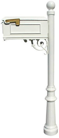Qualarc Lewiston Cast Aluminum Post Mount Mailbox System with Post, Aluminum Mailbox, Fluted Base and Ball Finial, White, Ships in 2 boxes