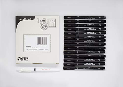 uni-ball Uni Pin Black Fineliners. Premium Assorted Nib Sizes + One Gel Pen For Precise Sketch, Handwriting & Technical Drawing. Permanent Fade and Waterproof Super Ink Art Pens. Set of 14