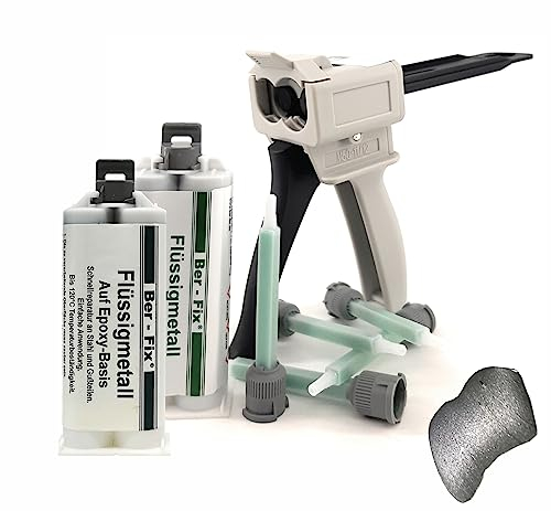 Ber-Fix Flüssigmetall 2x 50g + Pistole + 10 Spitzen, hitzebeständig, 2 Komponenten Kleber, Metallkleber, Metallspachtel, 120°C