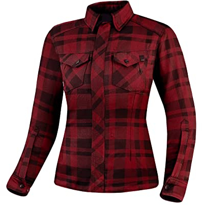 SHIMA RENEGADE LADY 2 Motorrad Hemd Damen - Verschleißfest Baumwolle Karierte Motorradjacke Damen mit CE Protektoren, FiberQL - Aramid und Kühlungsschicht, Reißverschluss (Rot, S)
