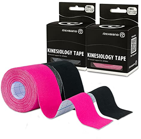 Rehband Kinesiologie Tape zur Selbstanwendung, Physio Sport-Tape zur Unterstützung von Gelenken & Muskulatur, wasserfest, hautfreundlich, elastisch, Farbe:1 x Pink / 1 x Schwarz, Größe:2 Rollen