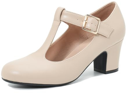 Women's Mary Jane Pumps T-Strap Block Chunky High Heels Ankle Strap Buckle Wedding Dress Evening Party Shoes Nude Matte 43-10US
