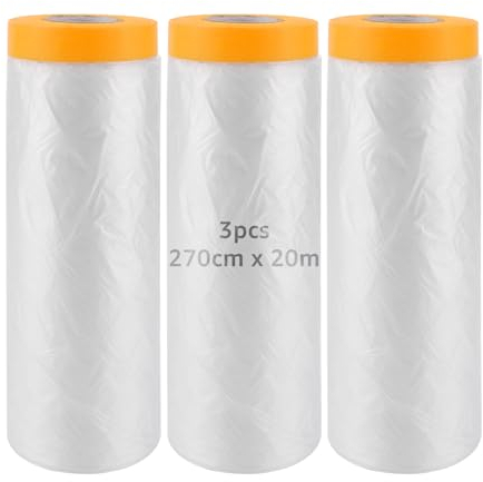 3 Rollen Abdeckfolie mit Klebeband 270cm x 20m Transparente Maler Abdeckfolie mit Goldband UV Beständig Malerfolie mit Klebeband zum Staubschutz Selbstklebende Malerfolie zum Innen und Außen von Wand