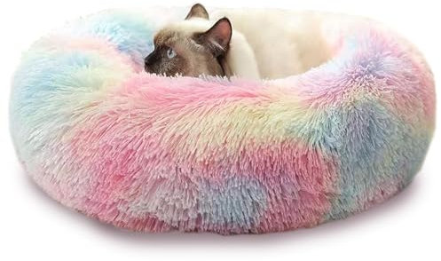 Melldrry Hundebett flauschig, Katzenbett, Donut Kissen, waschbar, Polsterung in der Mitte herausnehmbar, Langer Plüsch, 50 cm Durchmesser, Regenbogen