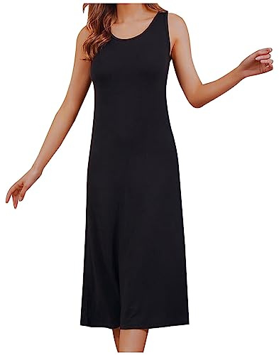 Robe Longue Pyjama Femme En Coton,Chemise De Nuit Avec Soutien-Gorge Intégré Couleur Unie Décontractée Léger Respirant,Pyjama Femme Col Rond Sans Manches Vêtements De Nuit Ensemble Grande Taille