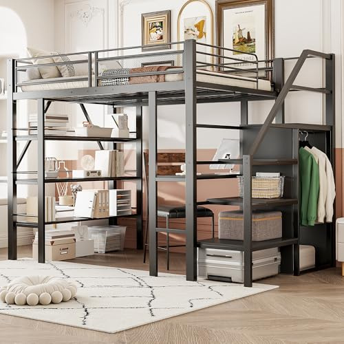 Dolamaní Letto a soppalco in metallo, 140 x 200 cm, per adulti e ragazzi, con mensola, scrivania, vestiti, scale, con vano portaoggetti, design a rete alta, per letto matrimoniale, colore: nero