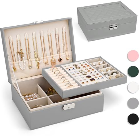 Joyeros Mujer Organizador 2 Niveles Caja Joyero Cuero PU, Gris Plata