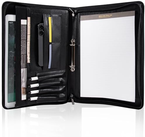 Calfinder Leichte Schreibmappe A4, PU Kunstleder mit 4-Ring Ringbuchordner, Doppeltem Reißverschluss Konferenzmappe, Klemmbrett Ringordner, Schreibmappe A4, Wasserdicht Dokumentenmappe, Schwarz
