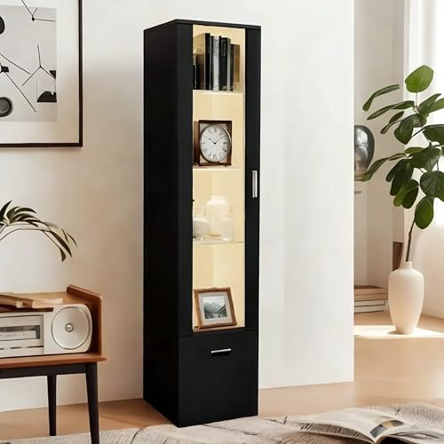 Joiemebi Vitrina LED con Puerta Y Estantes de Cristal, Luces para Armario de Almacenamiento, para Salón De Oficina, 42 x 30 x 160 cm (1, Negro)