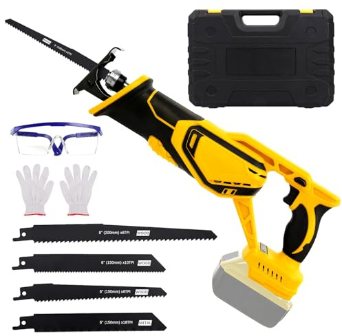 Reciprocating Saw Compatible with DeWalt 20V Max Battery with 4 Reciprocating Saw Blades, Safety Glasses and Gloves for Wood and Metal Cutting, Tool-Free Blade Change (Excluding batteries and charger)