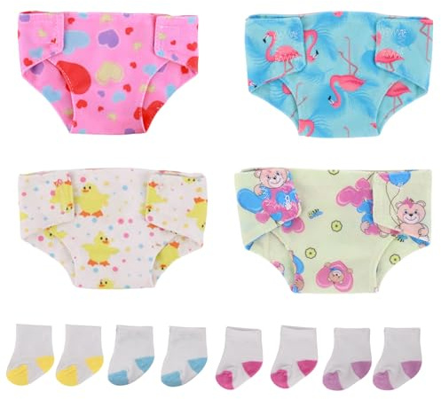 Xerteam 4 Puppenwindeln 4 Paar Puppensocken für Baby Puppen 30-43 cm, Baby Puppe Windeln Set für 12-18 Zoll Puppen Pretend Play, Wiederverwendbare Puppen Zubehör, Niedlichem Enten-/Bären-/Herzmuster