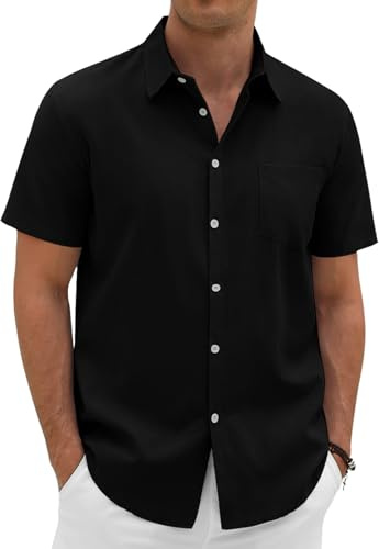 Lonya Camisa de Lino Hombre Camisa de Manga Corta con Botones Verano Regular Casual Algodón Camisas con Bolsillo de Playa Vacaciones, Negro, M