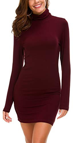 Femmes Casual Confortable Col Roulé Longues Manches élastique Mini Robe Sexy Bodycon Club Robe (L, Vin Rouge)