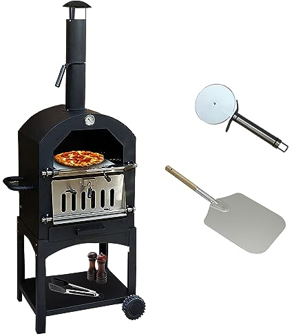 Horno Pizza Carbón Portátil Exterior Profesional Comercial Máquina de Cocinar Hacer Pizza Barbacoa BBQ Pizza Oven Ahumador Parrilla Grill Ahumar Carne Pescado Verduras con Pala Cortador+Piedra GRATIS