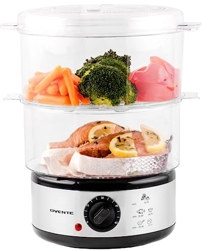 Ovente Electric Food Steamer 5 Quart Double Tier Stackable Portable BPA-Free Basket with 400 Watt Power Stainless Steel Base Steamer 60-Minute Timer Fast Steaming for Vegetable and Fish, Silver FS62S