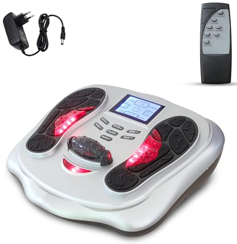 FISHTEC Elektrisches Fußmassagegerät EMS LCD-Display 25 Programme 99 Intensitäten Massagerolle Verbessert die Durchblutung + Muskelschmerzen 4 Pads + Fernbedienung
