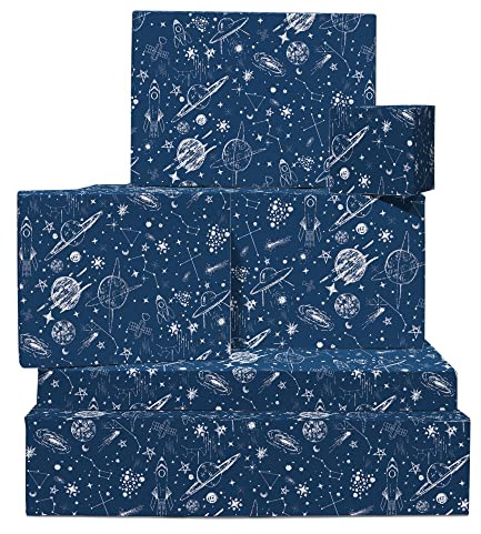 Carta da regalo spaziale - Spazio, stelle, galassie, costellazioni - Confezione regalo blu da 6 fogli - Per compleanno, Natale, vacanze - Viene fornita con adesivi divertenti - Central 23