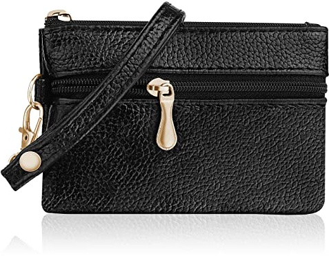 Aucuu Coin Purse Leather Zipper Wallet Card Holder Key Case Women Mini Wallet, with 2 Compartments & Keychain, Small & Lightweight, Easy to Carry, 12 * 8 CM (Black)