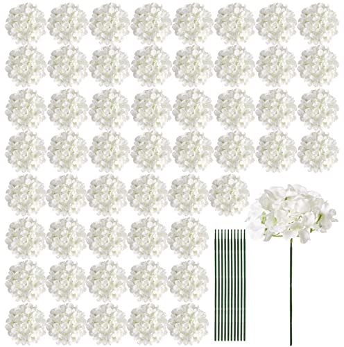 Auihiay 64 PCS Artificial Hydrangea Flowers, Silk Hydrangea Full Flowers Heads with Stems for Wedding Centerpieces, Home, Garden, Baby Shower, Party Decoration (Ivory)