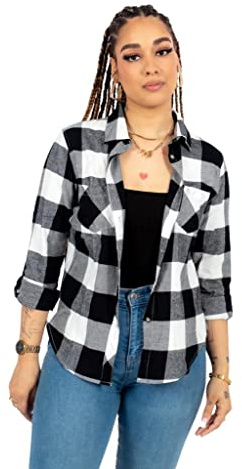 Popoqo Womens Checked Shirt Long Sleeve Plaid Check Casual Blouse Tops (16, Black & White Short Style)