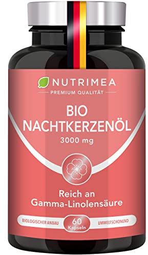 Nachtkerzenöl BIO - 1500 mg davon 135 mg GLA Tagesdosis - kaltgepresst &100% natürlich - Nahrungsergänzungsmittel bei PMS & Hautunreinheiten - Premium-Qualität - 60 Kapseln - Nutrimea