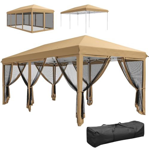 Outsunny 3 x 6m Pop Up Gazebo, Outdoor Canopy Shelter, 6 Mesh Walls, Beige | Marquee Party Wedding Tent, Carry Bag