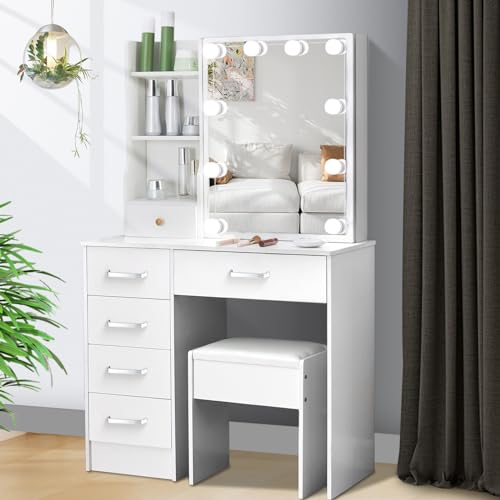 Saimeihome Dressing Table with Lighting, Dressing Table with Mirror in 3 Colour Lights, Cosmetic Table with 6 Drawers, 6 Shelves and Stool for Bedroom, Children's Room, 80 x 36 x 130 cm SA7D3