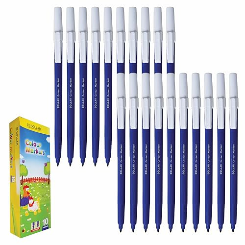 DOLLAR ColorMax Felt Tips Colouring Pens, BLUE, Pack of 20, Ideal for Draw Colour Mark Sketch Write, Perfect for School Office Home Everyday Use