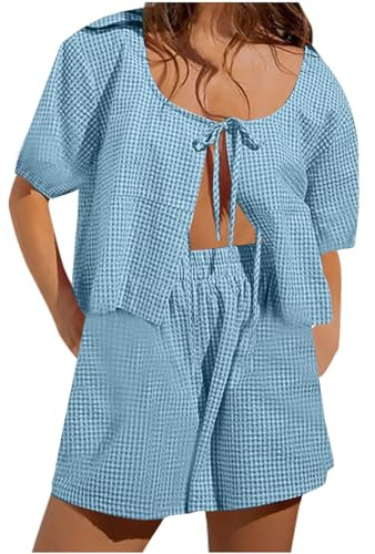 Y2k Y2k Damen-Shorts-Set, gestreift, Pyjama, Puffärmel, Schnürung vorne, mit Kordelzug, Vichy-Muster, weite Bein-Shorts, kariert, Lounge-Outfits, Sommer, lässig, Pyjama-Set, passende Sets für