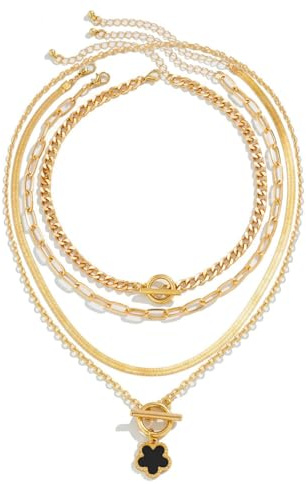 KONFEN Dam flerskiktade boho-halsband, unika geometriska hängen orm choker, vintage stjärna/blomma/hjärta halsband blad kedja smycken gåvor för älskare (4 stilar, guld/silver), D