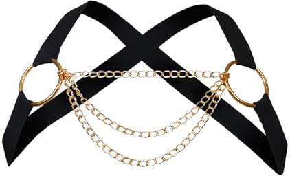 GENEMEN Mens Sexy Chain Harness Belt Goth Straps G-string Underwear Elastic Nylon Body Chest Harness (B-Black Gold)