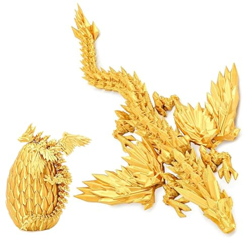 3D Printed Dragon with Wings, Dragon Toy with Egg, Gold Figurine with Wings & Egg, Fantasy Collectible Art
