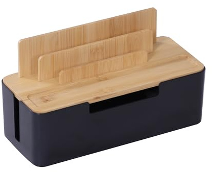 Relaxdays Caja para Cables de bambú Soporte móvil/Tablet, regleta 6 Tomas, ventilación Natural-Negro 16x30x13 cm