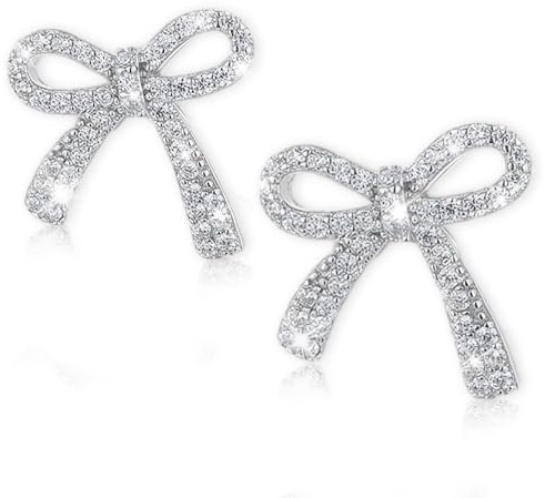 Silver Bow Stud Earrings, Bow Earrings Rhinestone for Women, 925 Sterling Silver Earings, Classic Ribbon Knot Earrings, Hypoallergenic Cubic Zirconia Stud Earring Jewelry for Women and Girls