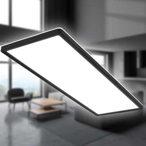 B.K.Licht - Panel LED plano con iluminación indirecta, luz blanco neutro, IP44, plafon led techo baño, lámpara techo, lámpara baño, plafon cucina, 58 x 20 x 3 cm, negro