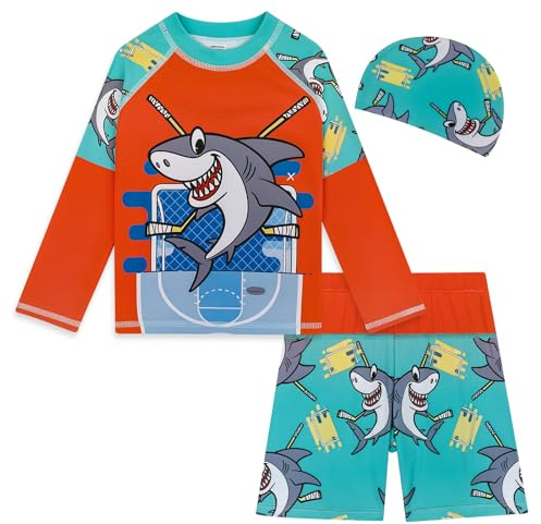 MASOCIO Bañador UV para niños UPF50+ protección solar, 3 piezas, camiseta de baño de manga larga, gorro de baño, set de baño para niños de secado rápido, talla 86-128