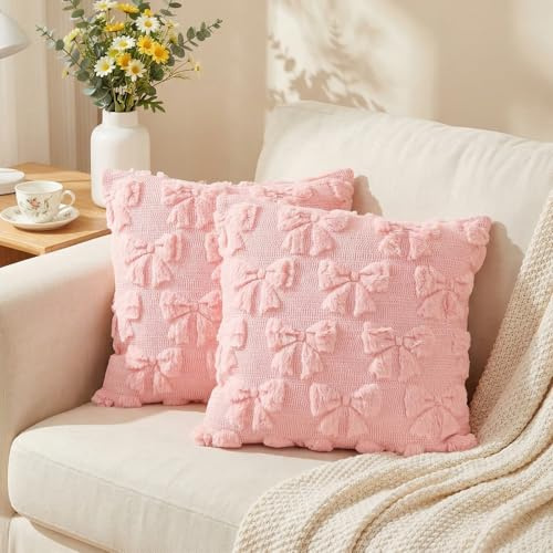 2 st rosetter örngott 45 x 45 cm örngott rosa dekorativa kuddar estetisk vår kudde rosett plysch dekorativa kuddar rosa örngott bågar dekorativa örngott för soffa säng vardagsrum rum dekoration