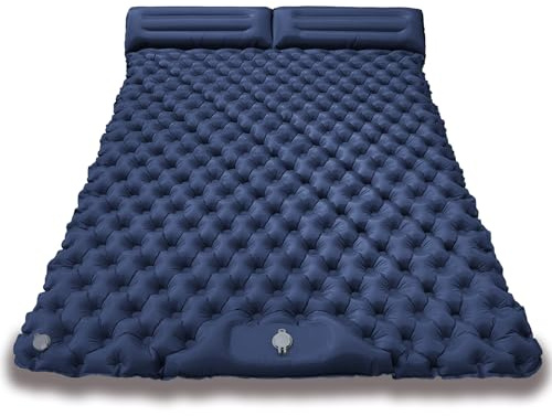 Självuppblåsande dubbel campingmadrass med inbyggda kuddar och fotpump – 200×120×6 cm, 1,5 kg – Vattentät, rivsäker, bärbar liggunderlag for utomhusbruk, vandring, strand, resor(Blue)