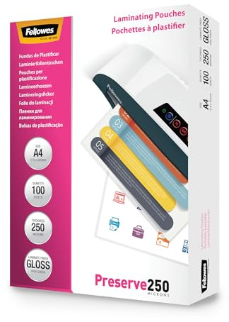 Fellowes Lamineringsfolier A4, 250 mikron (2 x 250 mic), varma lamineringsfilmer med glänsande finish, mycket starka, 100 stycken