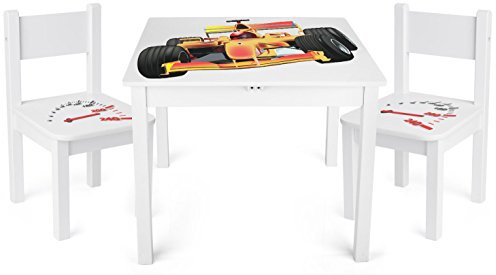 Leomark barnbord trä med 2 stolar 60 x 60 x 49(H) cm, modernt set för barn, möbler perfekt för hem och dagis, barnstolar, bord i stol set, barnmöbler med UV-utskrif Formel F1 Yeti