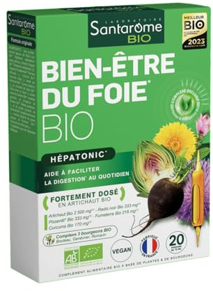 Santarome - Bien-être du foie - Complément alimentaire hépatonic et digestion - Plantes & Bourgeons Bio - 20 ampoules - Vegan - Made In France