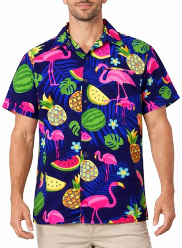 King Kameha Camisa Hawaiana Hombre de Manga Corta, Flamingo Melon, Azul, XS