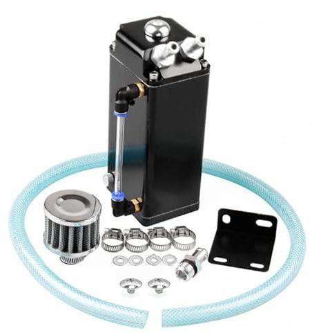 RULLINE Oil Catch Can Square Shape Aluminum Reservoir with Breather Filter 500ML Black