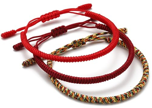 LUCKY BUDDHIST 3 Bracciali Tibetani Buddisti Regolabili – Bracciali in Corda Intrecciata per Uomo e Donna – Include Portachiavi Buddha in Legno