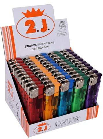 2J Briquet Slim Gaz, Lot de 50 Briquets Electriques Electroniques Translucide Rechargeables Et Pas Cher, Assortiment De 5 Couleurs pour Fumeur De Longue Et Courte, pour Allumer des Bougies