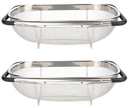 Suwimut 2 Pack Over Sink Colander for Kitchen, Stainless Steel Fine Mesh Strainer Basket 6 Quart Sink Strainer Colander with Expandable Rubber Grip Handles for Straining, Draining