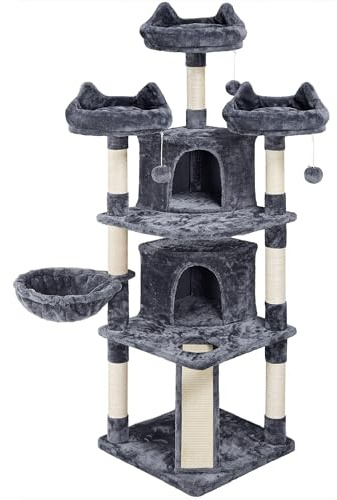 Yaheetech Arbre a Chat Geant 175 cm Design avec Griffoir, Tour de Jeux avec 2 Grottes Spacieux 3 Plateformes Planche à Gratter Gris Foncé