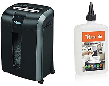 Fellowes Aktenvernichter Powershred 73Ci, Partikelschnitt 12 Blatt, 100% Staufrei & Peach Aktenvernichter-Öl PS100-05 |Inhalt 355 ml | die Pflege für Ihren Aktenvernichter